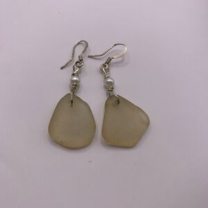 Natural White Sea Glass Earrings - Pearl Accent - Beach Glass - Coastal Jewelry